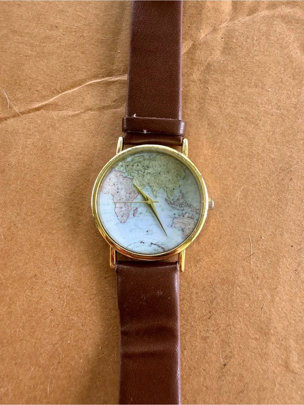 World Map Dial Watch with Brown Leather Strap
